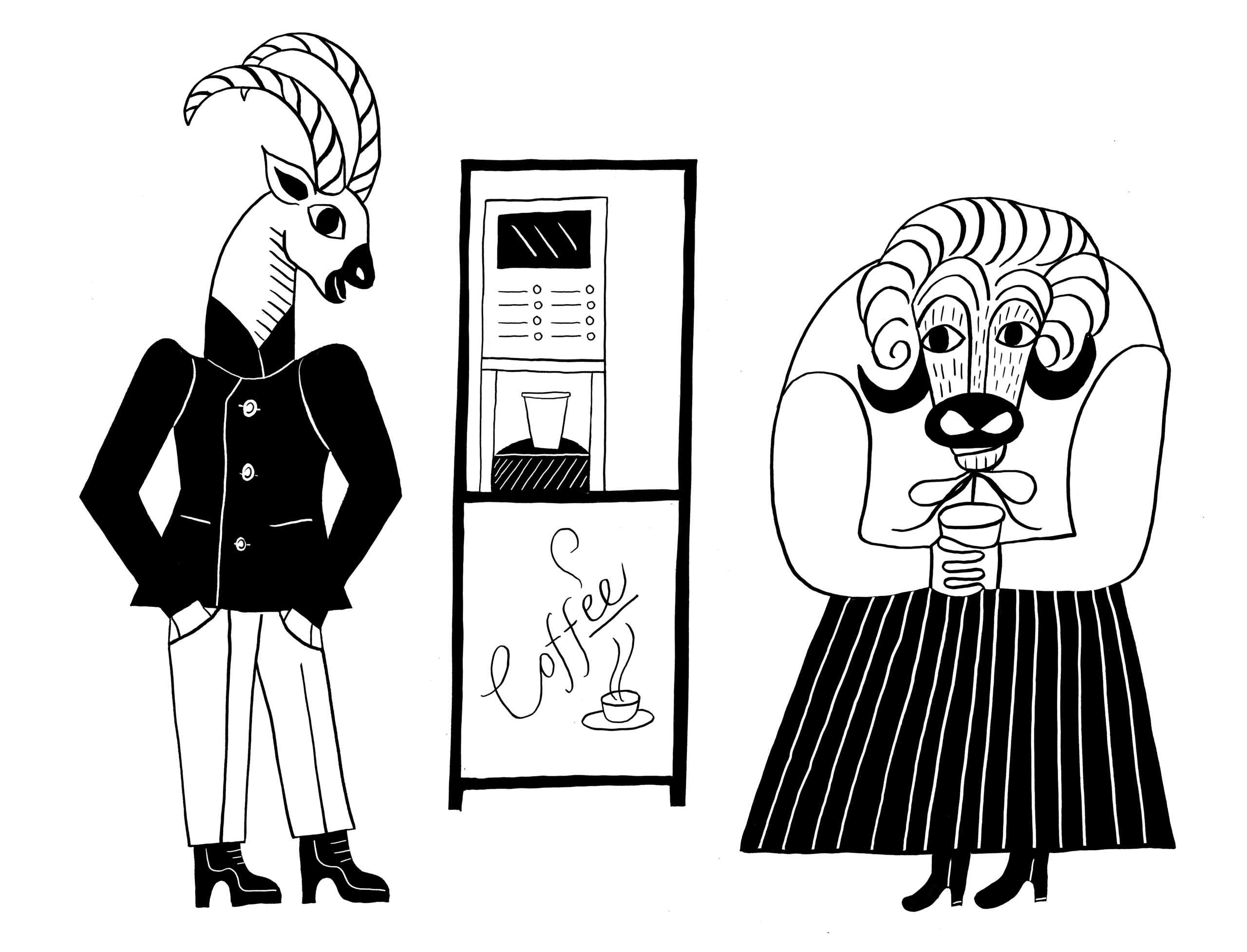 Illustration av två kollegor vid en kaffemaskin