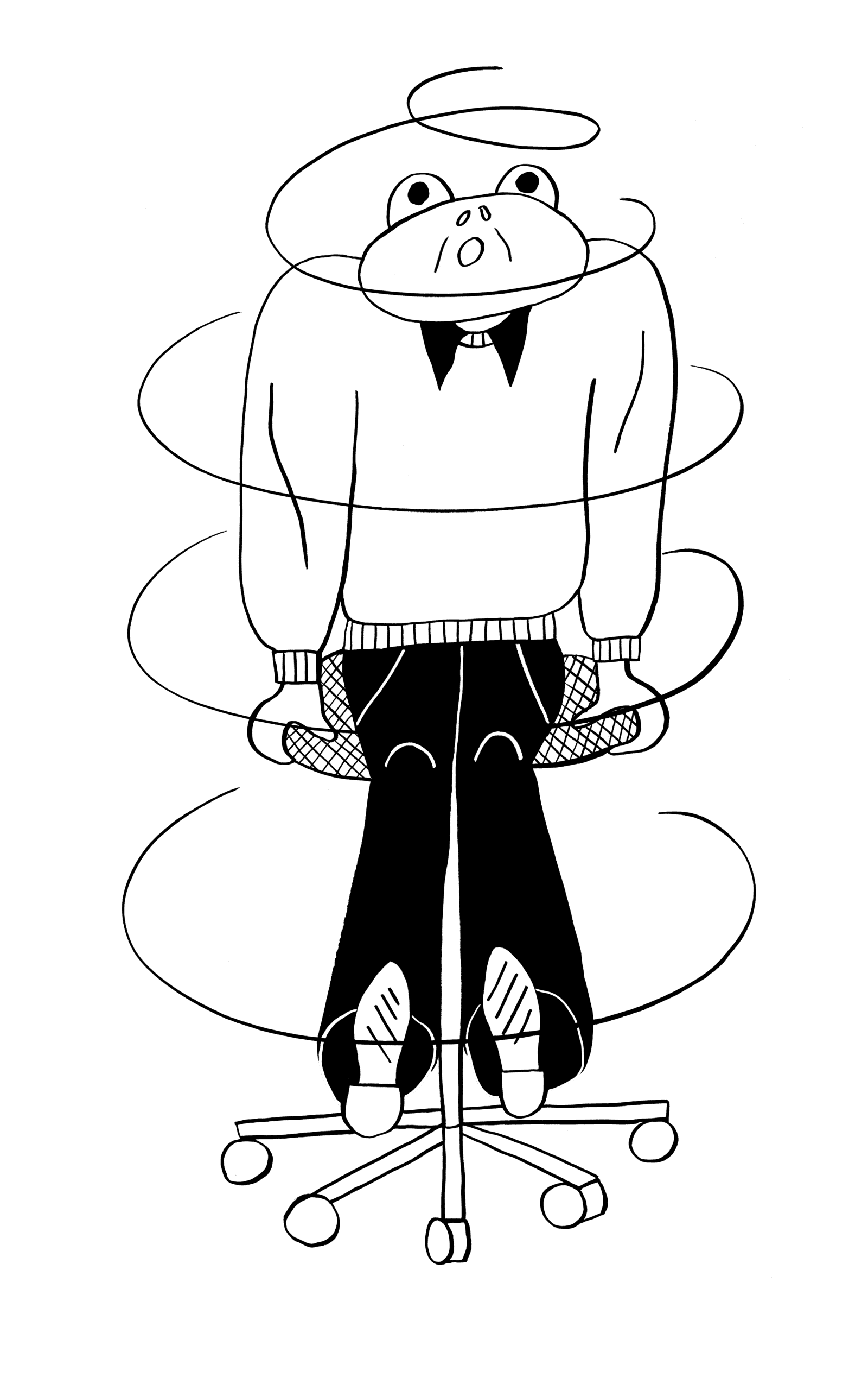 Illustration av en yr och stressad figur som sitter på en kontorsstol.